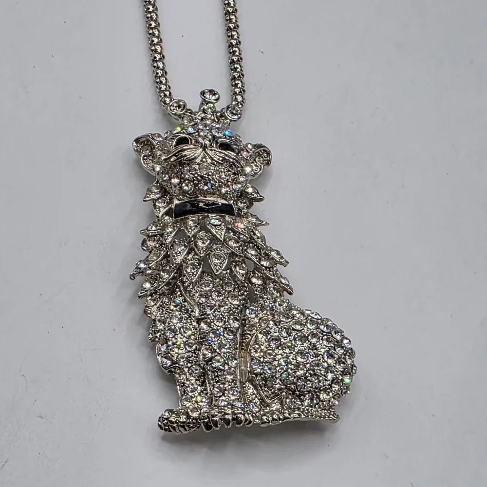 Silver Tone Rhinestone Sitting Cat‎ Pendant Brooch Long Popcorn Chain Necklace